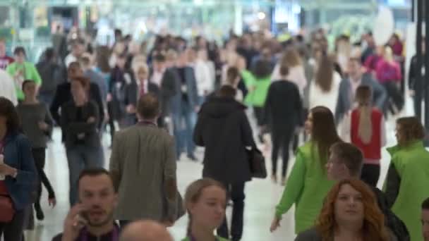 Visitantes do fórum de negócios se deslocam pelo espaço da exposição — Vídeo de Stock