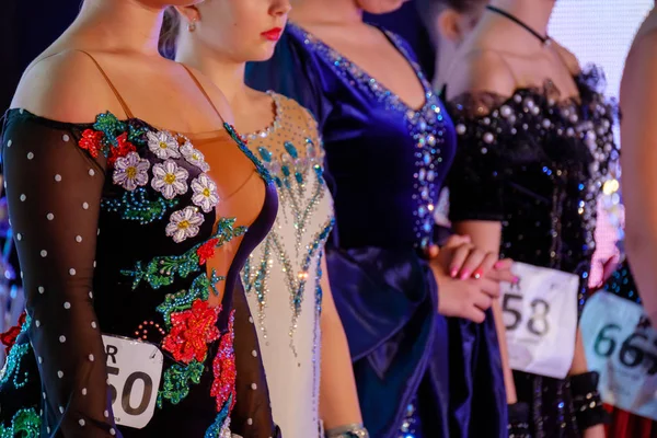 Girls in ball gowns at dance competition — Stock Photo, Image