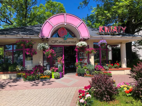Уличный цветочный магазин снаружи в солнечное время дня — стоковое фото