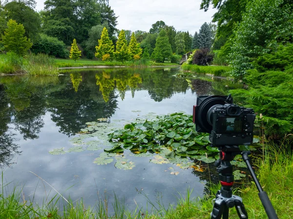 Профессиональная камера на фоне пруда в парке — стоковое фото