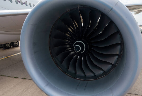 Airplane engine turbine close up