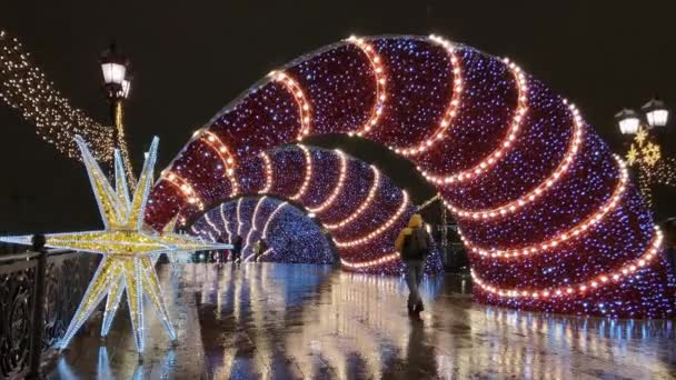 Folk går på gatorna dekorerade med belysning till jul på kvällen — Stockvideo