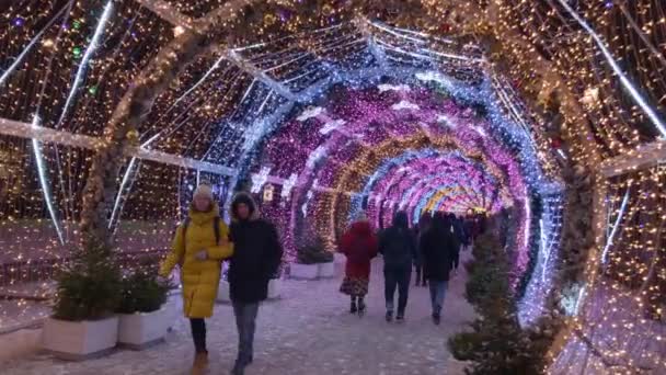 Folk går på gatorna dekorerade med belysning till jul på kvällen — Stockvideo