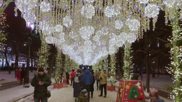 Mensen lopen de straten versierd met verlichting voor Kerstmis 's avonds — Stockvideo