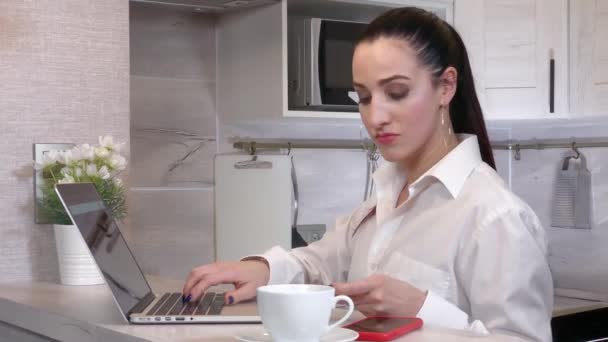 Femme paie l'achat en ligne par carte de crédit à l'aide d'un ordinateur portable — Video