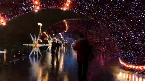 Οι άνθρωποι περπατούν στους δρόμους διακοσμημένοι με φωτισμό για τα Χριστούγεννα το βράδυ — Αρχείο Βίντεο
