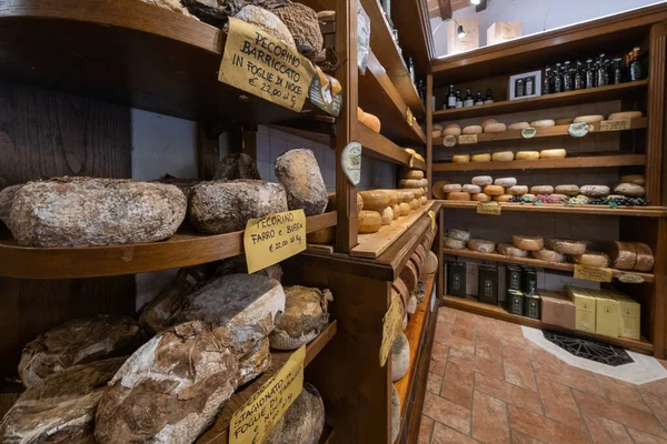 Grande variedade de queijos na loja de alimentos local — Fotografia de Stock