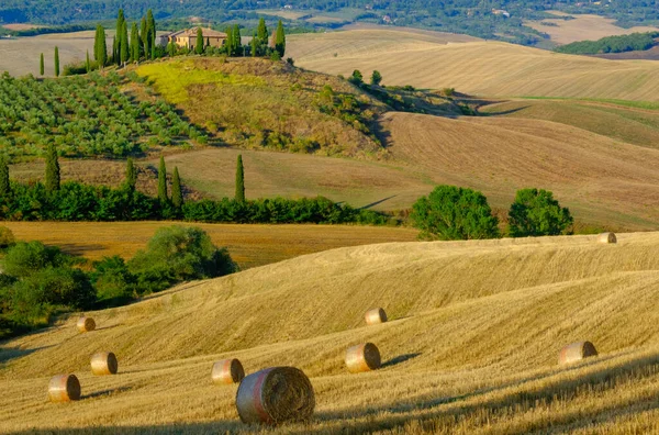 Pozdní letní vzdušná krajina údolí Toskánska — Stock fotografie