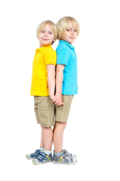 Két fehér fiú testvér pózol a stúdióban. — Stock Fotó