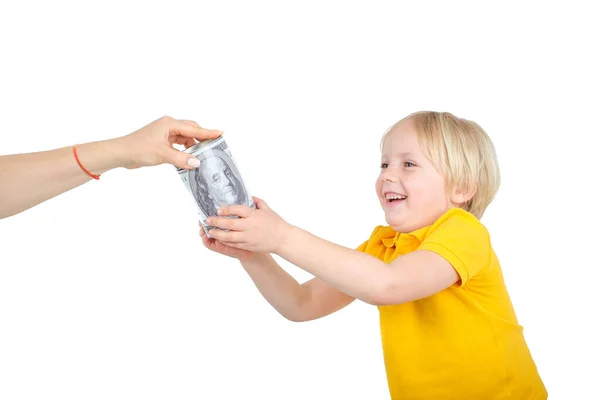 Geef spaarvarken aan jongen geïsoleerd op wit — Stockfoto