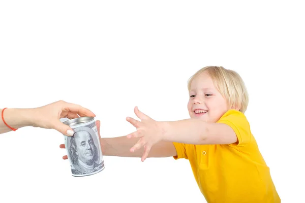 Give piggy bank to boy isolated on white — Stock Photo, Image