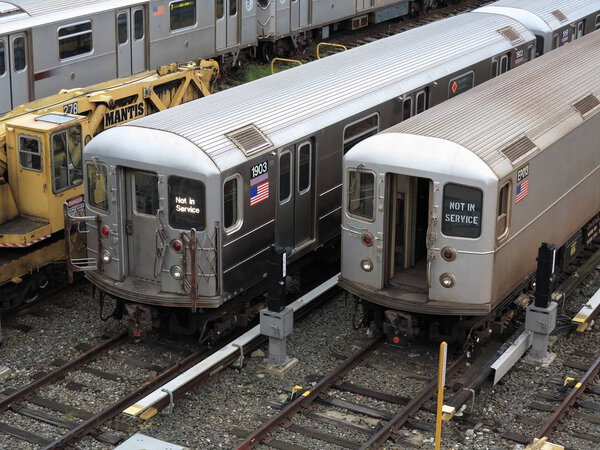 NEW YORK - SEPTEMBER 6: Number 7 subway trains lined up in the Corona Yard near in Queens on September 6, 2017 in New York. The NYC rapid transit has the largest annual ridership in the USA.