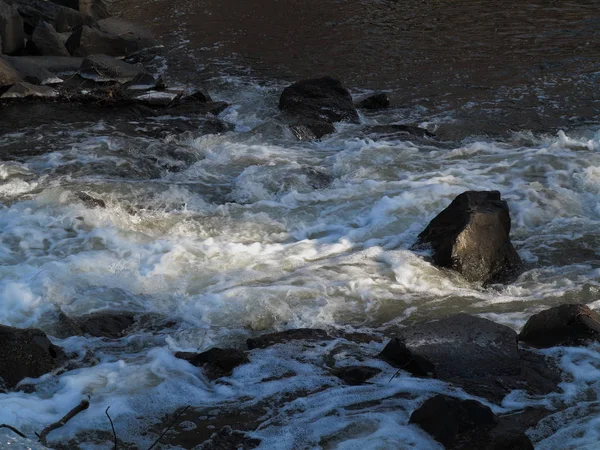 River Rapids Foamy River Flows Quickly Black Rocks — Stock Photo, Image