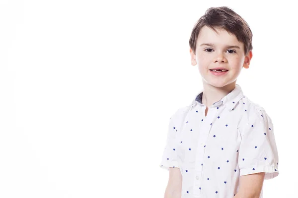 Young Cute Happy Little Boy Posing White Background — Stock Photo, Image