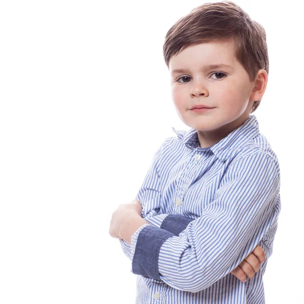 Jovem Bonito Menino Feliz Posando Fundo Branco — Fotografia de Stock