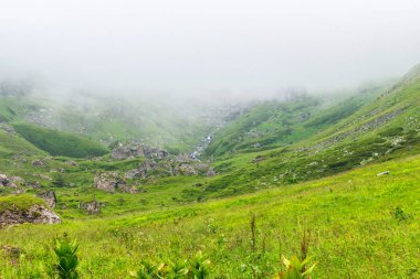 Kafkas dağlarındaki vadi sisli bir günde