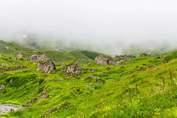 Tal im Kaukasus an einem nebligen Tag — Stockfoto