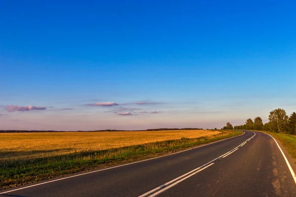 Sommar landskap asfalt väg i fältet — Stockfoto