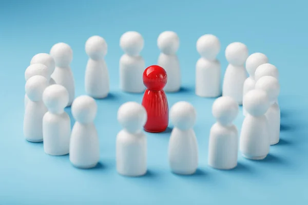 A team of white people stands around and listens to the leader of the red Leader. The concept of the leader of the business team.