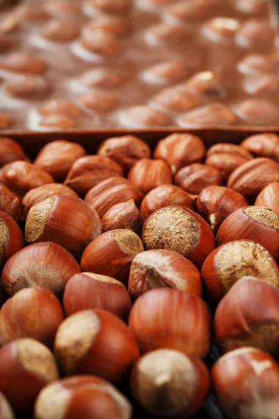 Chocolate with hazelnuts, nuts in a shell in the form of a solid texture. Dessert-milk chocolate with nuts. Confectionery. Full screen top view