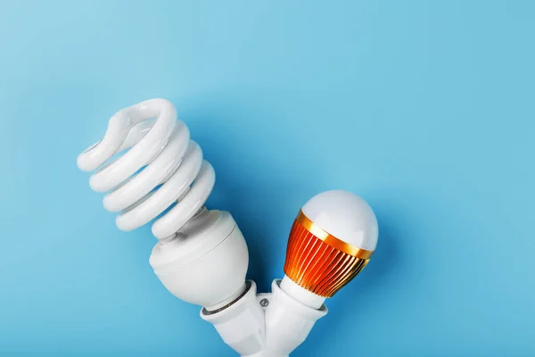 Gold LED light bulb and energy-saving in a double base on a blue background. The view from the top