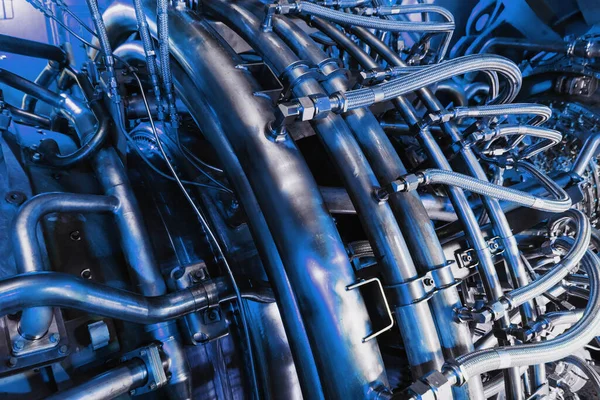 Gas turbine compressor for power generation on the offshore platform of Central oil and gas processing. In a monochromatic blue color