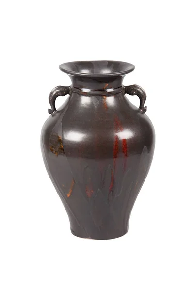 棕色陶瓷壶与白色背景上的句柄 — 图库照片