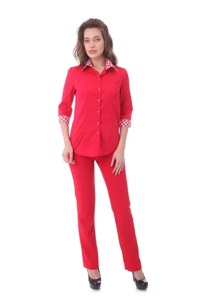 Hezká Mladá Žena Červené Košili Kalhoty — Stock fotografie
