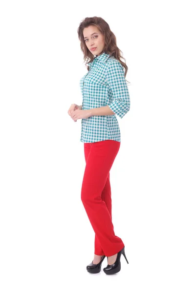 Bonita Mujer Joven Con Camisa Cheque Pantalones Rojos — Foto de Stock