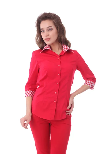 Vacker Ung Kvinna Bär Röd Skjorta Och Byxor — Stockfoto