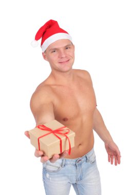 yakışıklı genç adam giyen Noel Baba şapkası