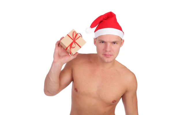Pohledný Mladý Chlap Nosí Santa Claus Čepice — Stock fotografie