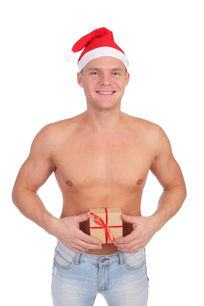 Schöner Junger Kerl Mit Weihnachtsmann Mütze — Stockfoto