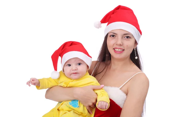 Jovem Donzela Neve Bonita Com Seu Bebê Natal Bonito Pouco — Fotografia de Stock