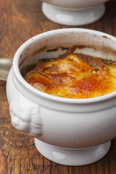 Sopa Cebola Francesa Com Queijo Madeira — Fotografia de Stock