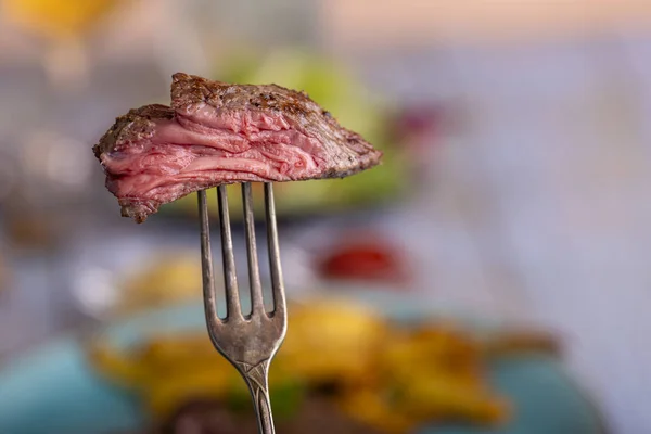 Slice Steak Fork — Stock Photo, Image