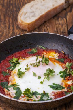 Koyu ahşap bir tavada shakshuka 