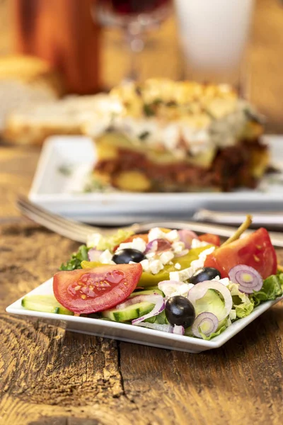 Greek Salad Moussaka Wood — Stock Photo, Image