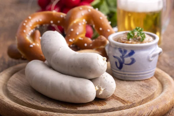 Three Bavarian White Sausages Mustard — Stock Photo, Image