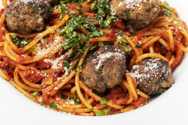 Spaghetti Meat Balls Dark Wood — Stock Photo, Image