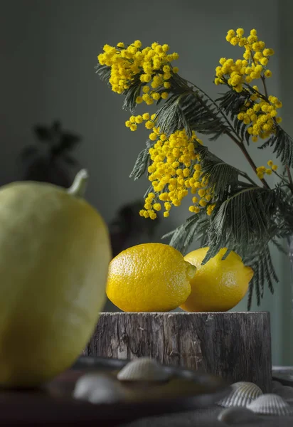 Natura morta con limoni su uno sfondo scuro e un bouquet luminoso Immagine Stock