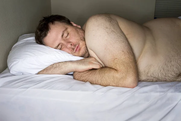 Fat Man Tired Fell Asleep His Bed — Stock Photo, Image