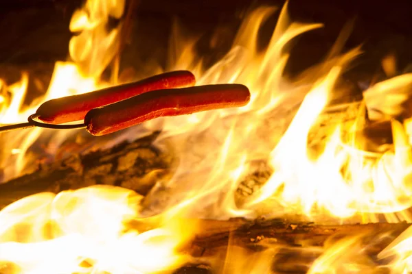 yaz kamp ateşi üzerinde sosisli sandviç