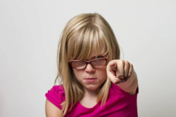 Girl Her Finger Out Pointing — Stock Photo, Image