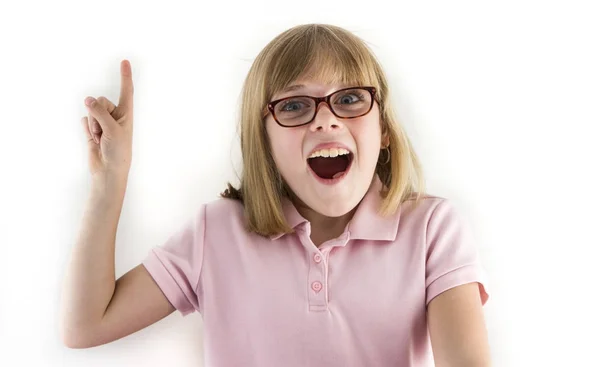 Young Girl Has Idea Raises Her Finger — Stock Photo, Image