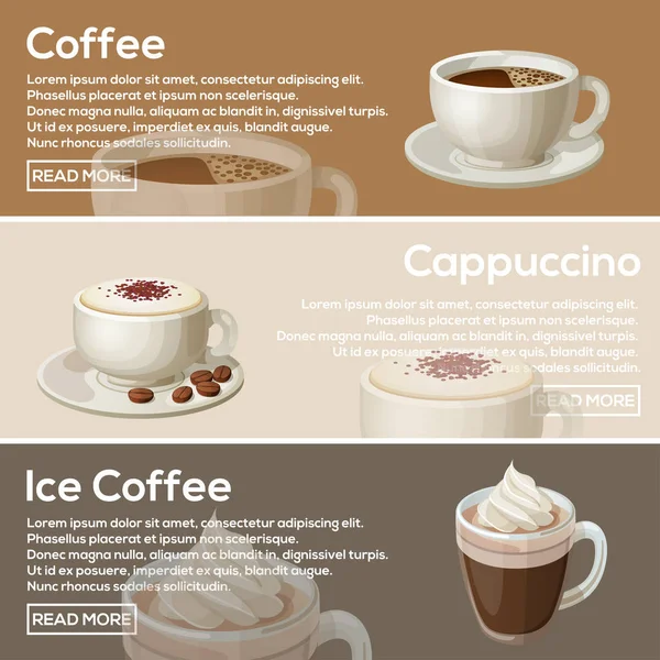 Caffè popolare Web Banner Design piatto. Caffè, Cappuccino, Ice Coffe — Vettoriale Stock