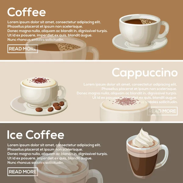 Populære Kaffe Web Banner Flat Design. Kaffe, cappuccino, iskaffe – Stock-vektor