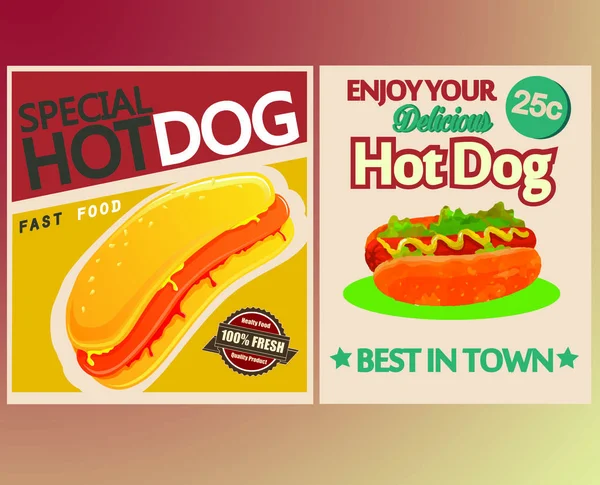 Dois cartaz vintage hot dog promo — Vetor de Stock