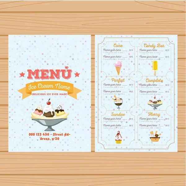 Menú de helados con ilusión de helado en su lugar — Vector de stock