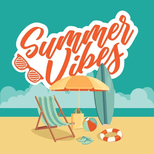 Vibras de verano con elemento plano de playa para vacaciones de verano . — Vector de stock